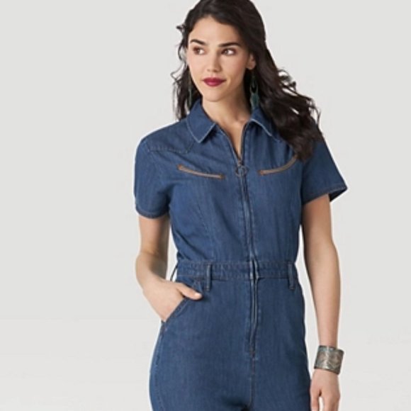 Wrangler Blue Denim Flare Jumpsuit - Picture 9 of 16